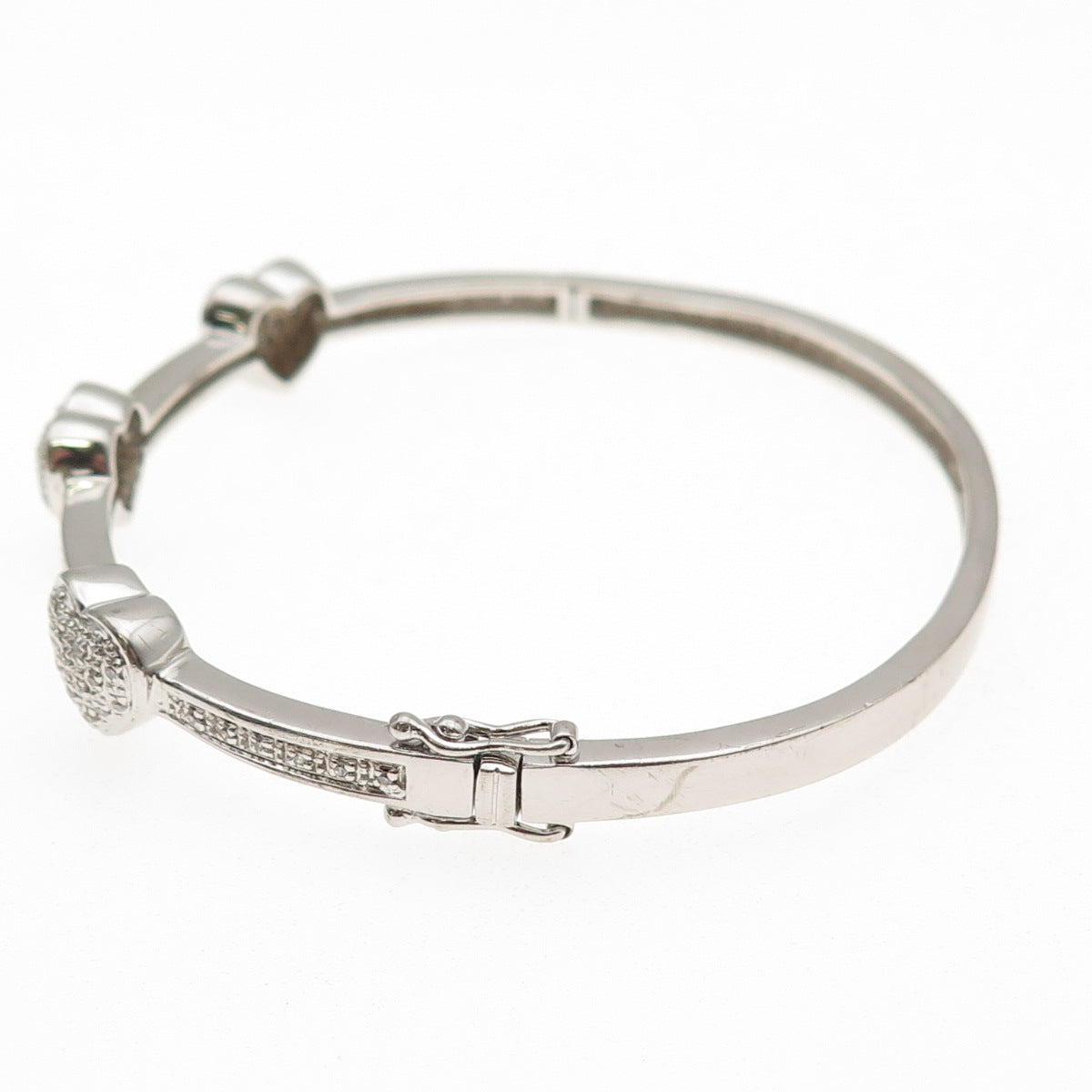 925 Sterling Silver Real Round-Cut Diamond Heart Station Bangle Bracelet 7"
