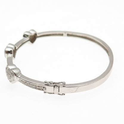 925 Sterling Silver Real Round-Cut Diamond Heart Station Bangle Bracelet 7"