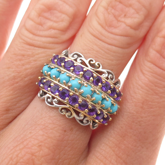 Chuck Clemency 925 Sterling Silver 2-Tone Real Turquoise Amethyst Ring Size 7.25