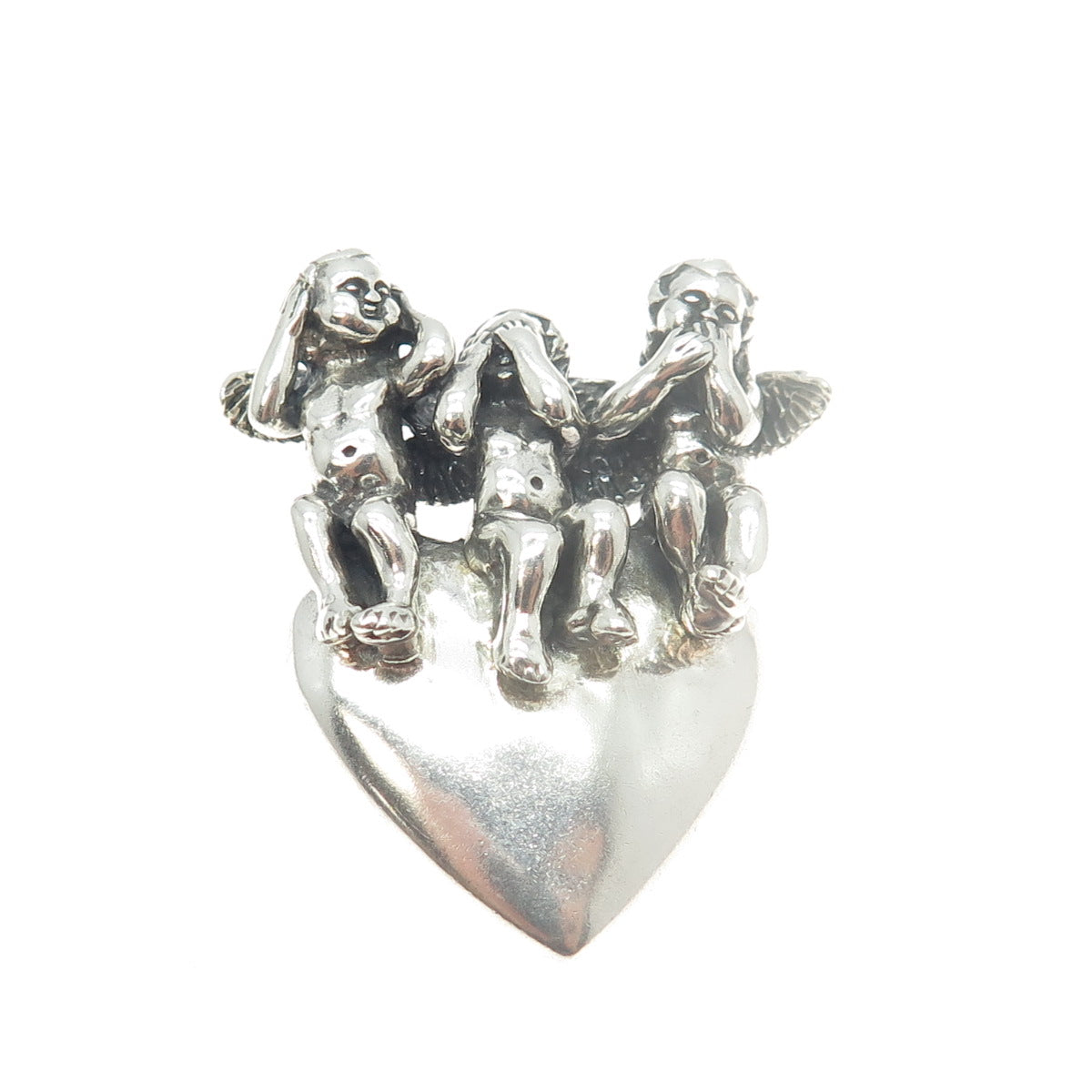 KABANA 925 Sterling Silver Vintage Hear See Speak No Evil Cupids Heart Pendant