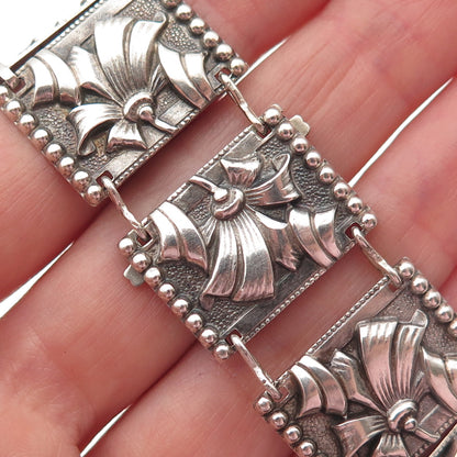 925 Sterling Silver Antique Art Deco Floral Oxidized Panel Link Bracelet 6.25"