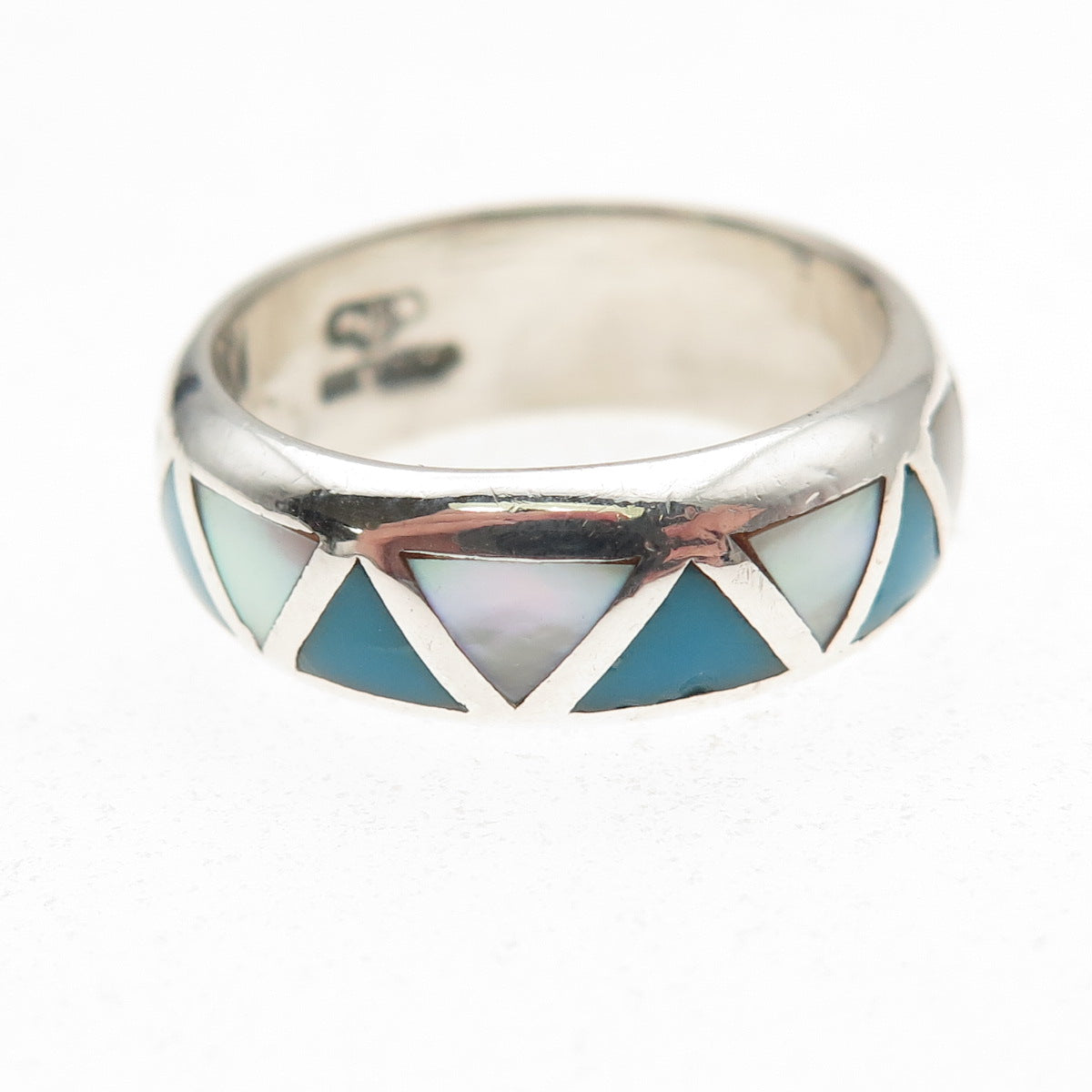 Silver Cloud Old Pawn 925 Sterling Vintage Turquoise & MOP Band Ring Size 7.5