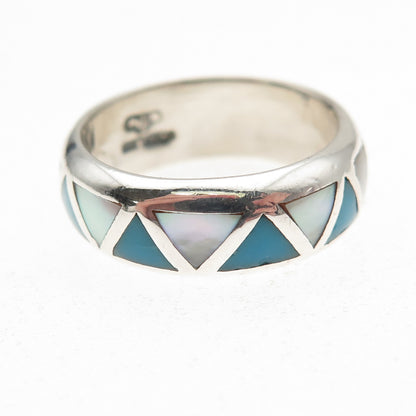 Silver Cloud Old Pawn 925 Sterling Vintage Turquoise & MOP Band Ring Size 7.5