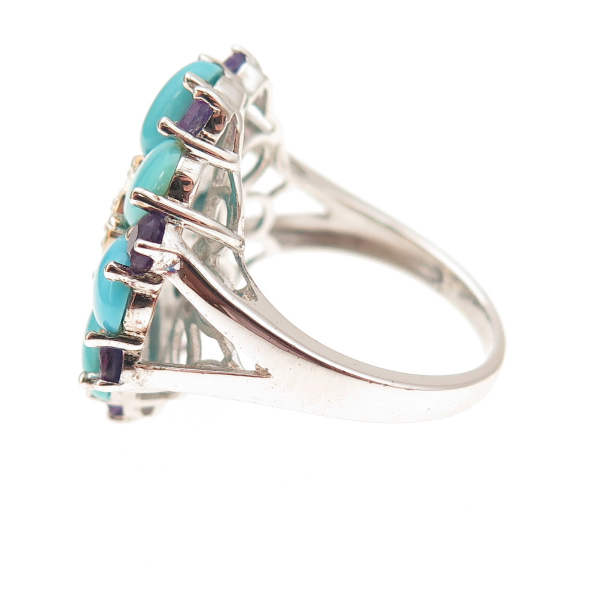925 Sterling Silver Real Sleeping Beauty Turquoise Amethyst Topaz Ring Size 8.25