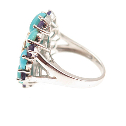 925 Sterling Silver Real Sleeping Beauty Turquoise Amethyst Topaz Ring Size 8.25
