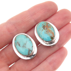 925 Sterling Silver Vintage Real Turquoise Modernist Clip On Earrings