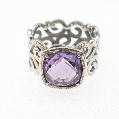 925 Sterling Silver Vintage Israel Real Amethyst Swirl Oxidized Ring Size 10