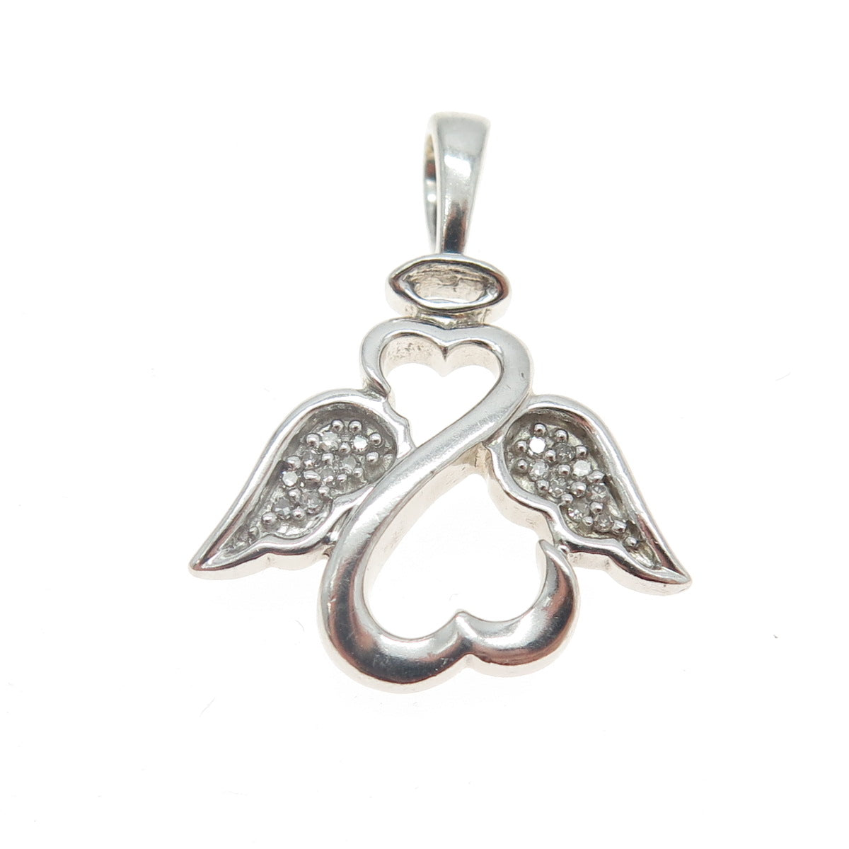 925 Sterling Silver Real Round-Cut Diamond Open Angel Heart Pendant