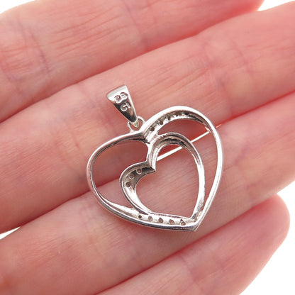 925 Sterling Silver Real Round-Cut Diamond Double Heart Charm Pendant