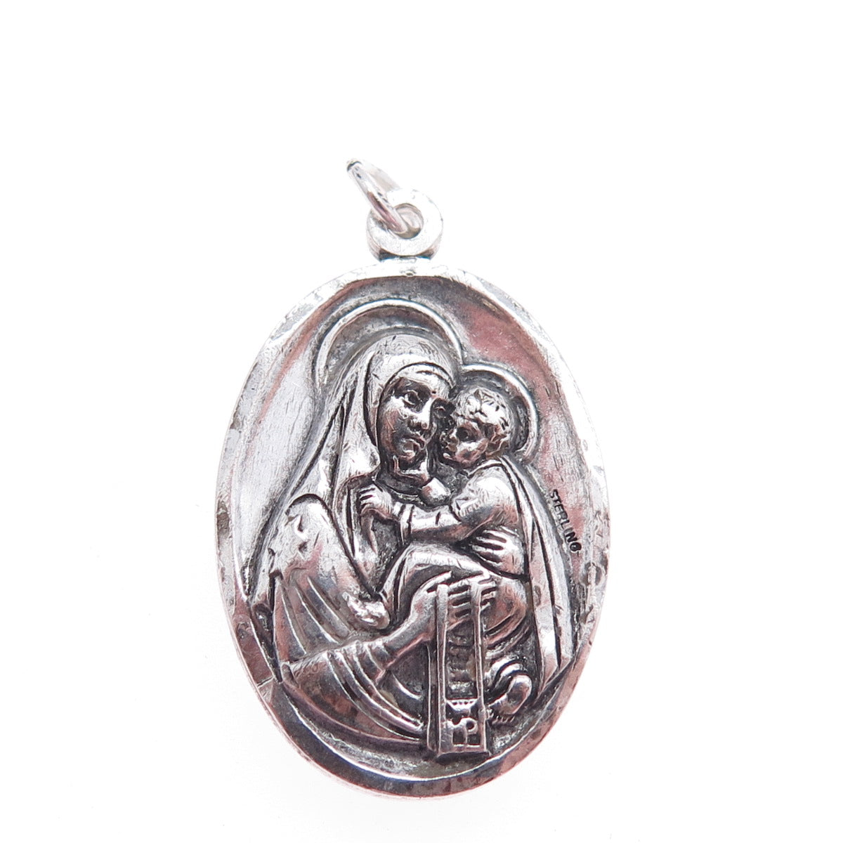 925 Sterling Silver Antique Art Deco St. Mary & Jesus Oxidized Charm Pendant