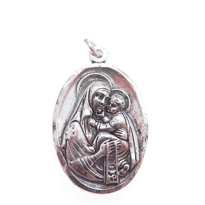 925 Sterling Silver Antique Art Deco St. Mary & Jesus Oxidized Charm Pendant