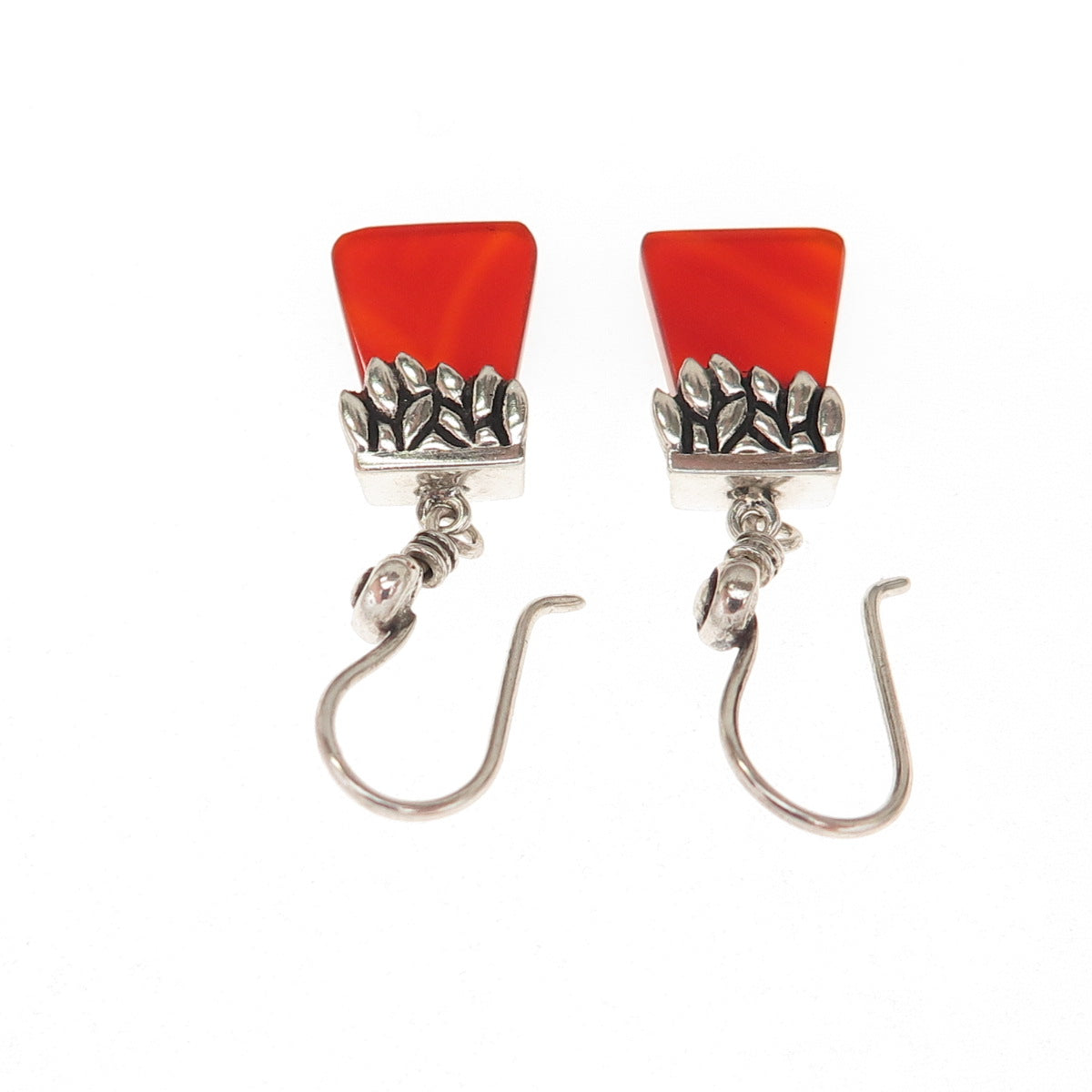 925 Sterling Silver Vintage Real Carnelian Modernist Floral Dangle Earrings