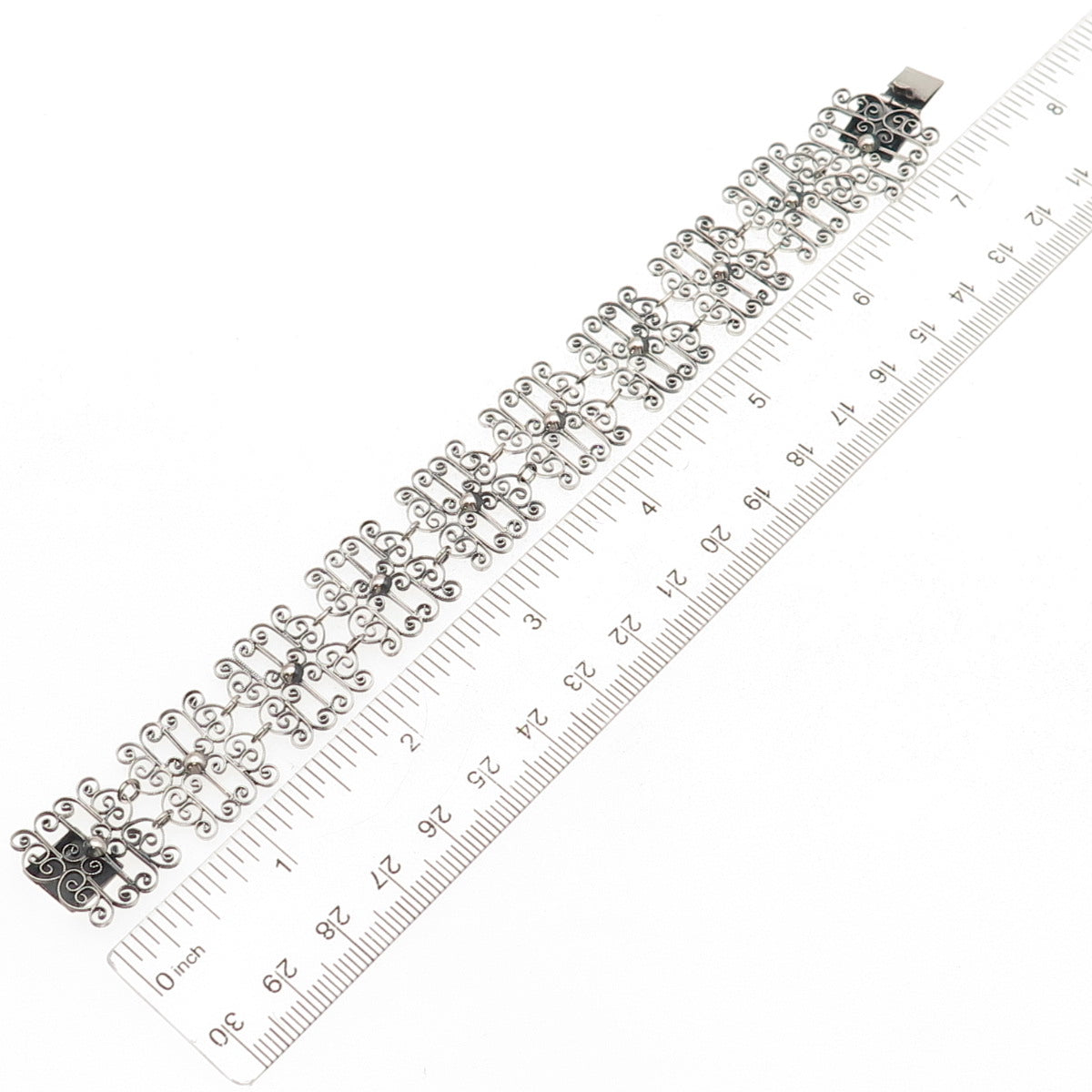 835 Silver Antique Art Deco Floral Filigree Panel Link Oxidized Bracelet 7.25"