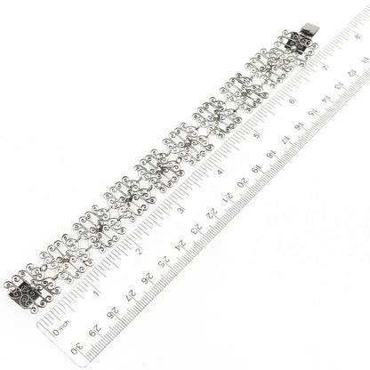 835 Silver Antique Art Deco Floral Filigree Panel Link Oxidized Bracelet 7.25"