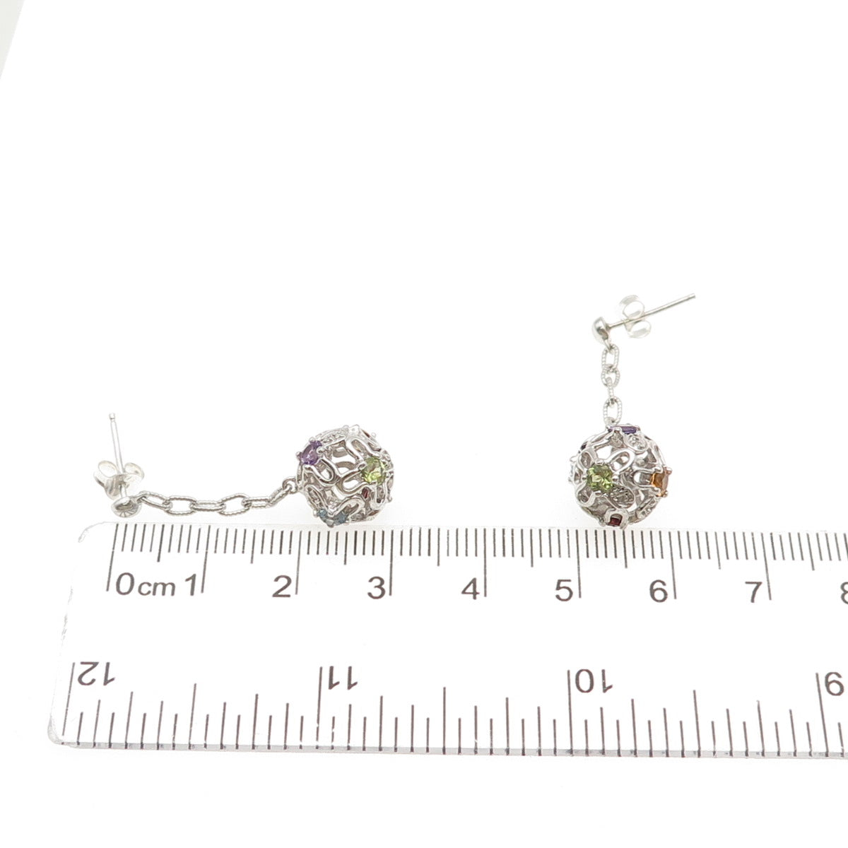 925 Sterling Real Amethyst Topaz Peridot Citrine & Garnet Ball Dangle Earrings
