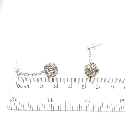 925 Sterling Real Amethyst Topaz Peridot Citrine & Garnet Ball Dangle Earrings