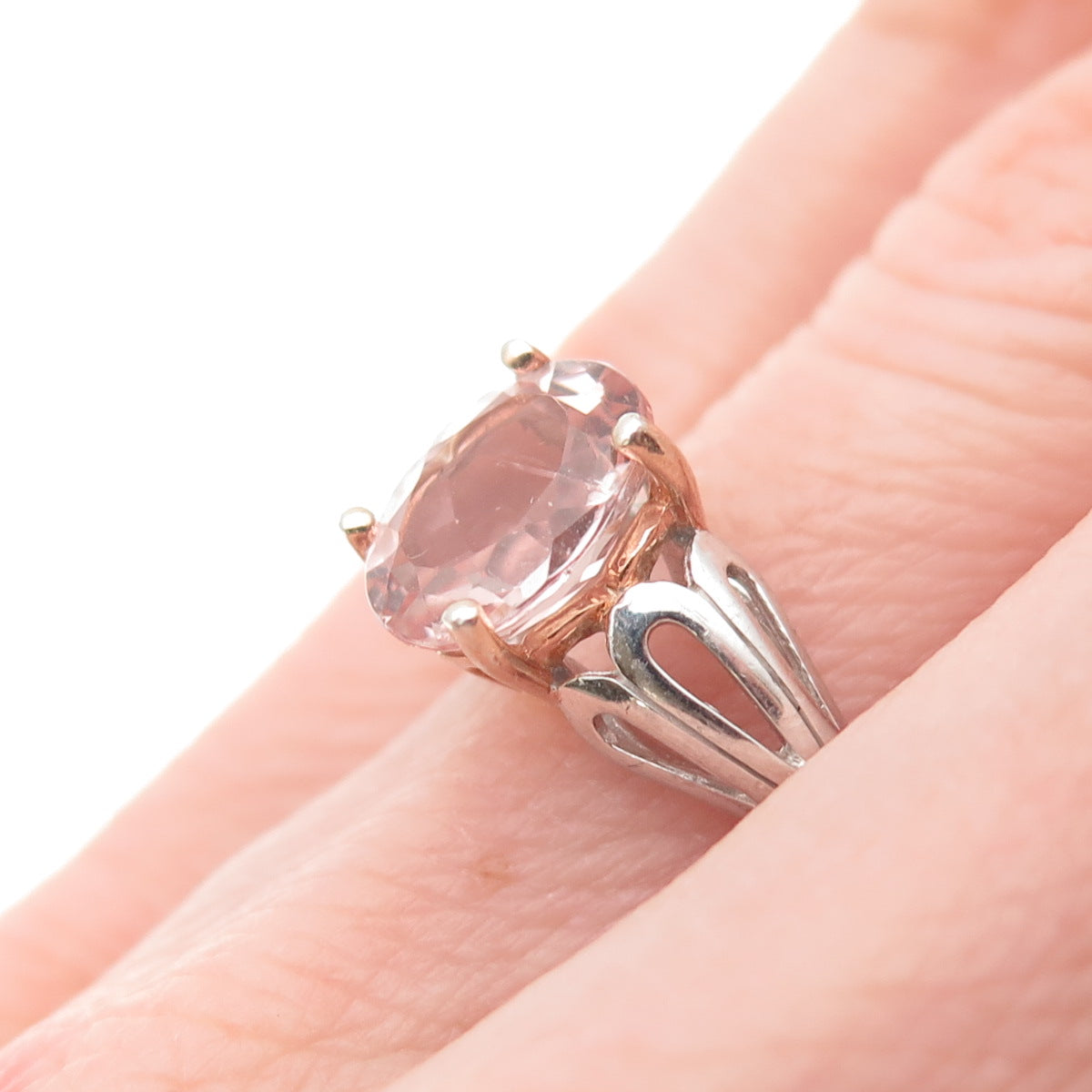 925 Sterling Silver Real Oval-Cut Morganite Floral Ring Size 6