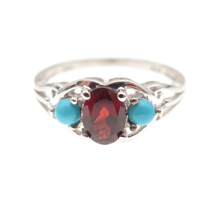 Chuck Clemency 925 Sterling Silver Real Turquoise & Red Garnet Ring Size 8.25