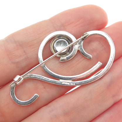 925 Sterling Silver Vintage Real Rose Quartz Modernist Swirl Pin Brooch
