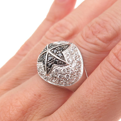 925 Sterling Silver Real Black Spinel & C Z Floral Dome Ring Size 6.75