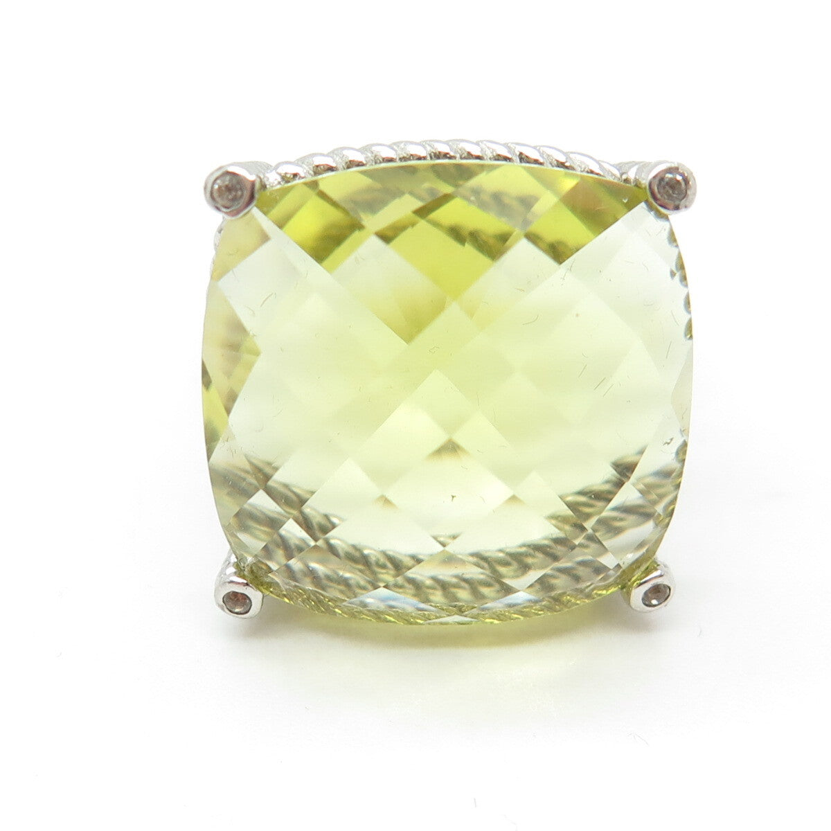 925 Sterling Silver Large Lime Citrine & White Topaz Gem Twisted Ring Size 6.75