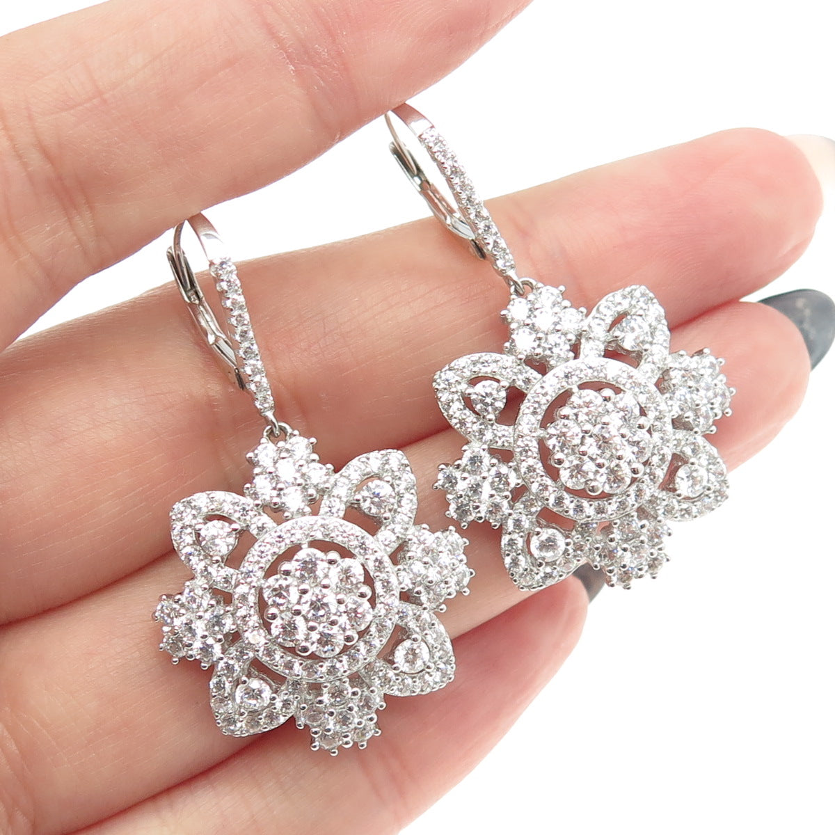 925 Sterling Silver Pave C Z Floral Dangling Earrings