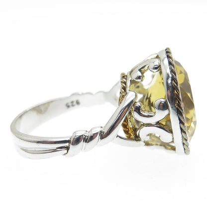 925 Sterling Silver 2-Tone Real Round-Cut Citrine Roped Ring Size 7