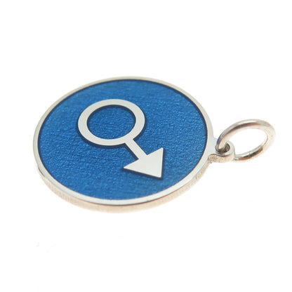 925 Sterling Silver Blue Enamel Male Symbol Round Tag Minimalist Charm Pendant