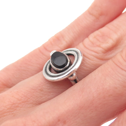 925 Sterling Silver Vintage Real Black Onyx Modernist Oxidized Ring Size 4.75