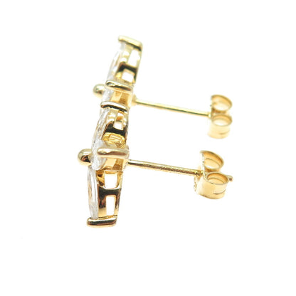 925 Sterling Silver Gold Plated Marquise-Cut C Z Floral Earrings