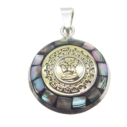 925 Sterling 2-Tone Vintage Turquoise & Abalone Shell Mayan Calendar Pendant