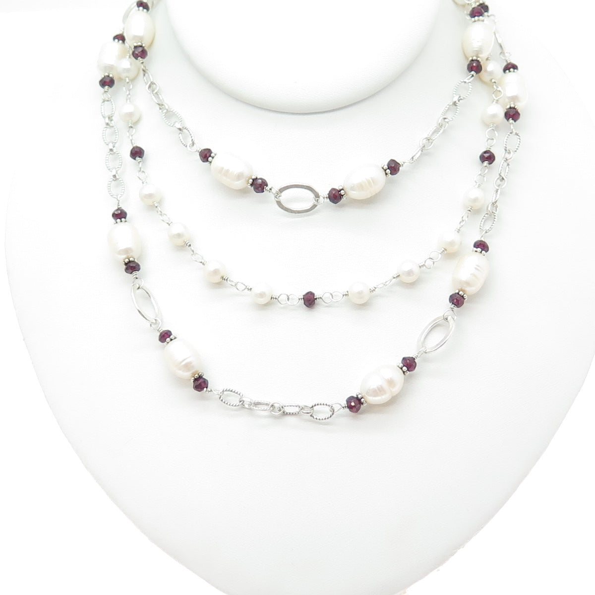 SX SALLY C 925 Sterling Vintage Real Amethyst & Pearl Multi-Chain Necklace 16"