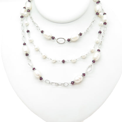 SX SALLY C 925 Sterling Vintage Real Amethyst & Pearl Multi-Chain Necklace 16"
