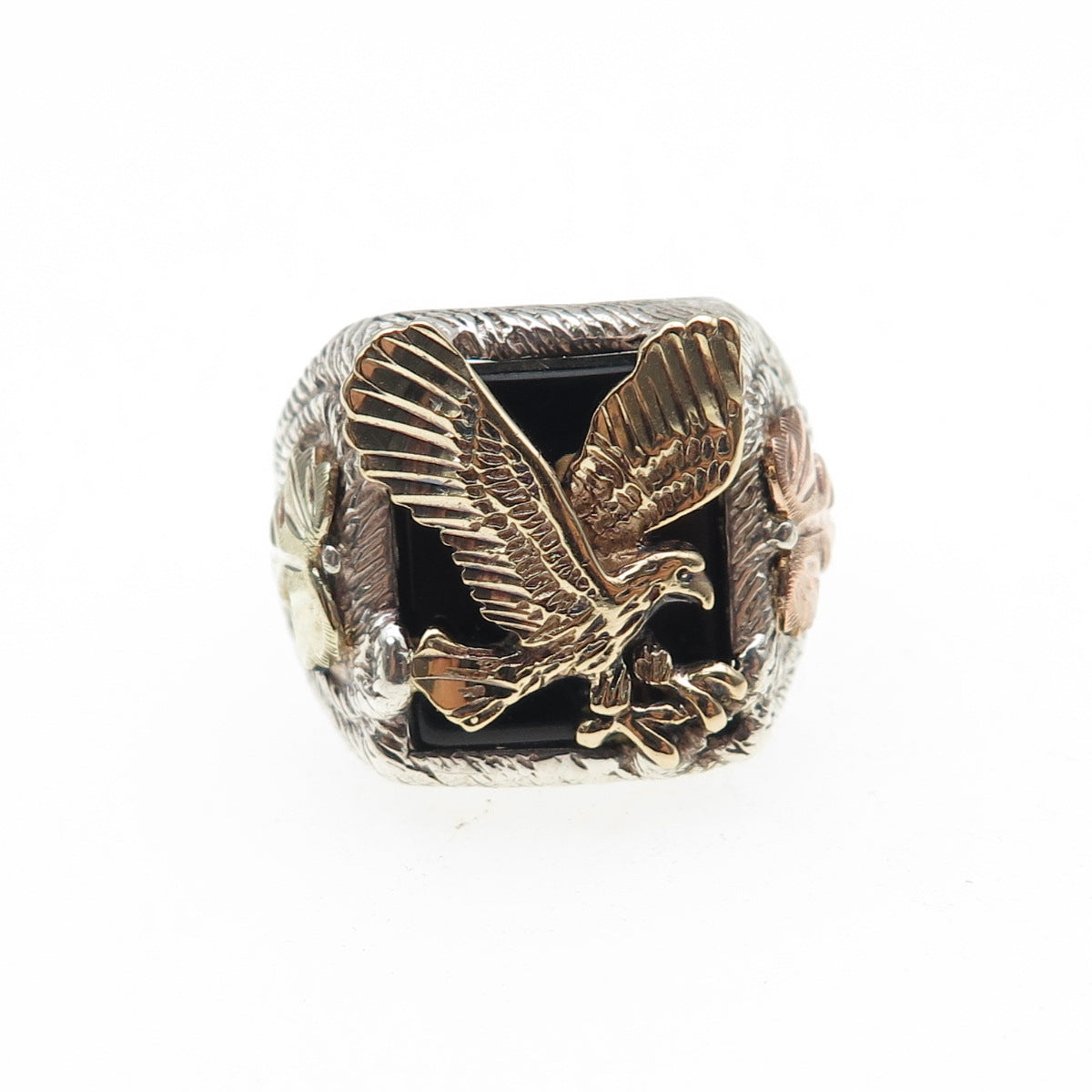 925 Sterling Silver 10K Yellow & Rose Gold Vintage Black Onyx Eagle Ring Size 10