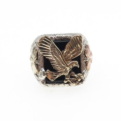 925 Sterling Silver 10K Yellow & Rose Gold Vintage Black Onyx Eagle Ring Size 10