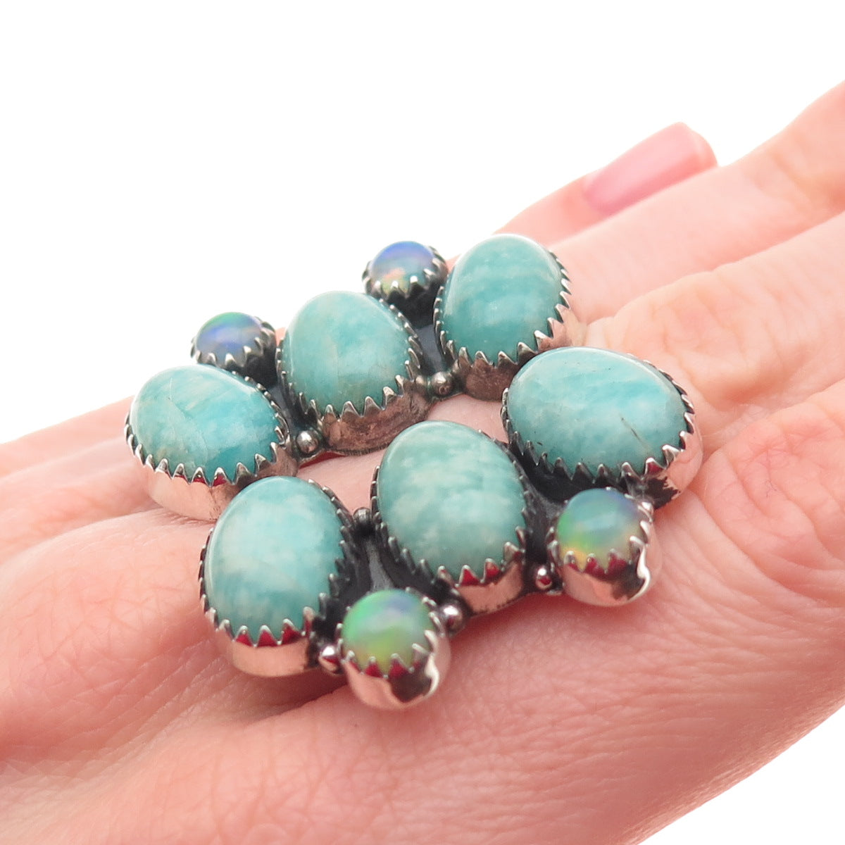 925 Sterling Vintage Real Amazonite & Opal Adjustable Statement Ring Size 7.5