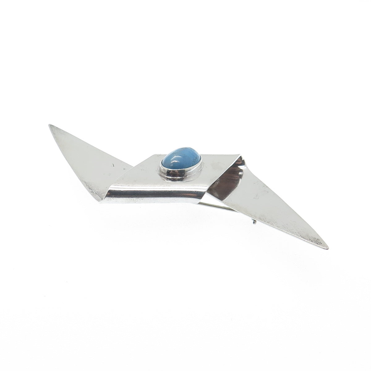 925 Sterling Silver Vintage Mexico Real Sky Blue Turquoise Modernist Pin Brooch