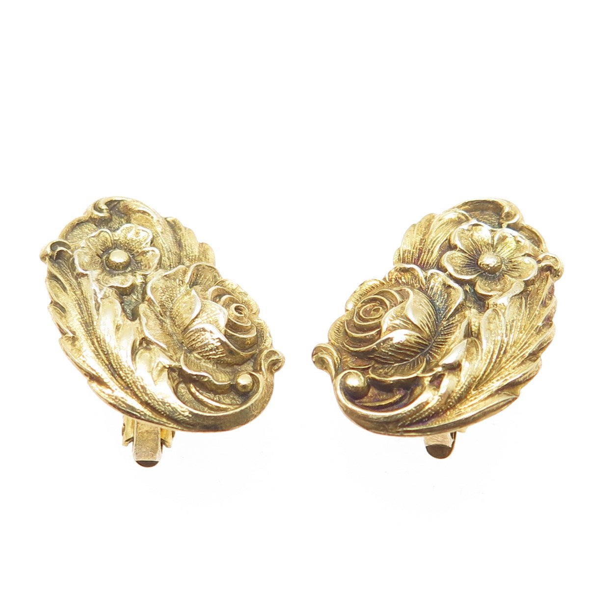 S. KIRK & SON 925 Sterling Gold Filled Antique Rose Flower Clip On Earrings