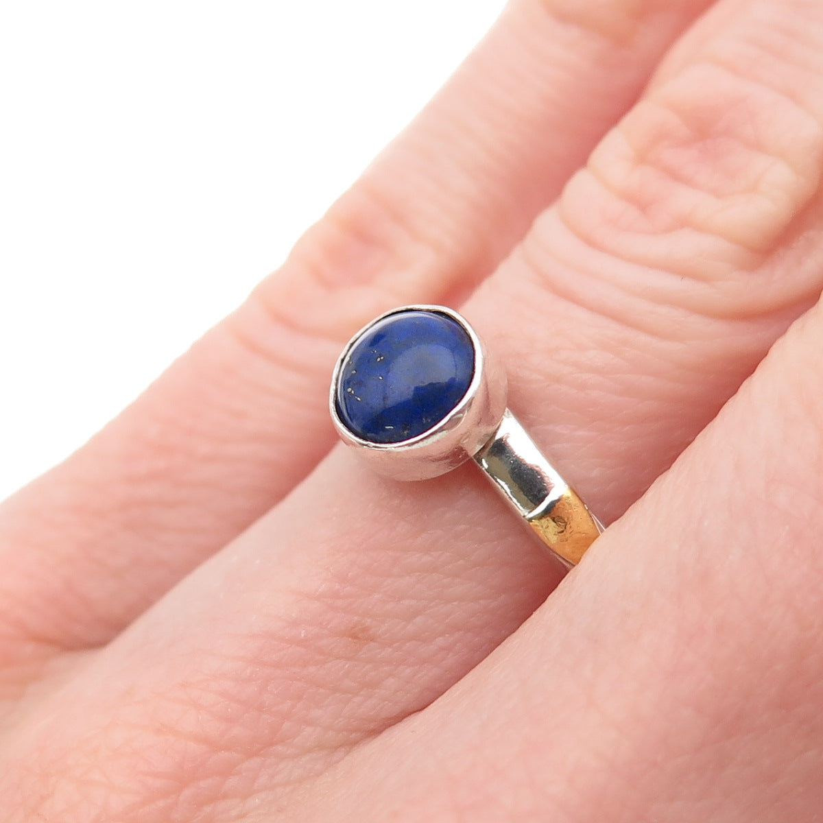 925 Sterling Silver 22K Gold Vintage Real Lapis Modernist Ring Size 4.75