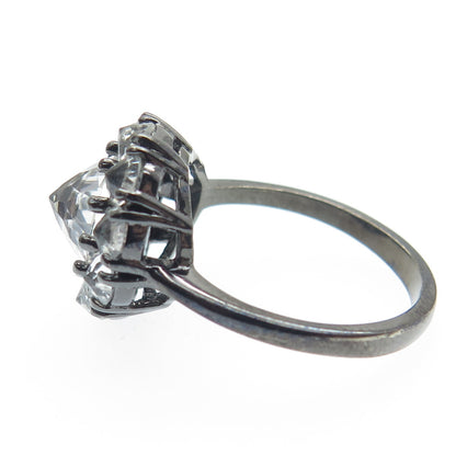 925 Sterling Silver Black Rhodium Real White Topaz Gem Cluster Ring Size 7.25