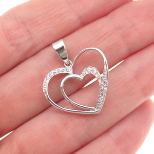 925 Sterling Silver Round-Cut C Z Double Heart Mini Charm Pendant