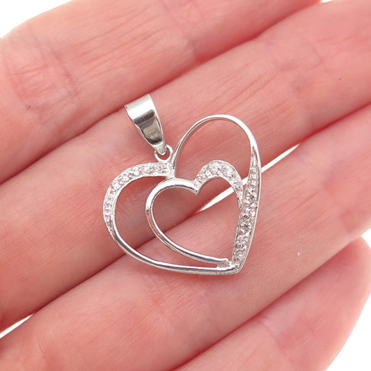 925 Sterling Silver Round-Cut C Z Double Heart Mini Charm Pendant