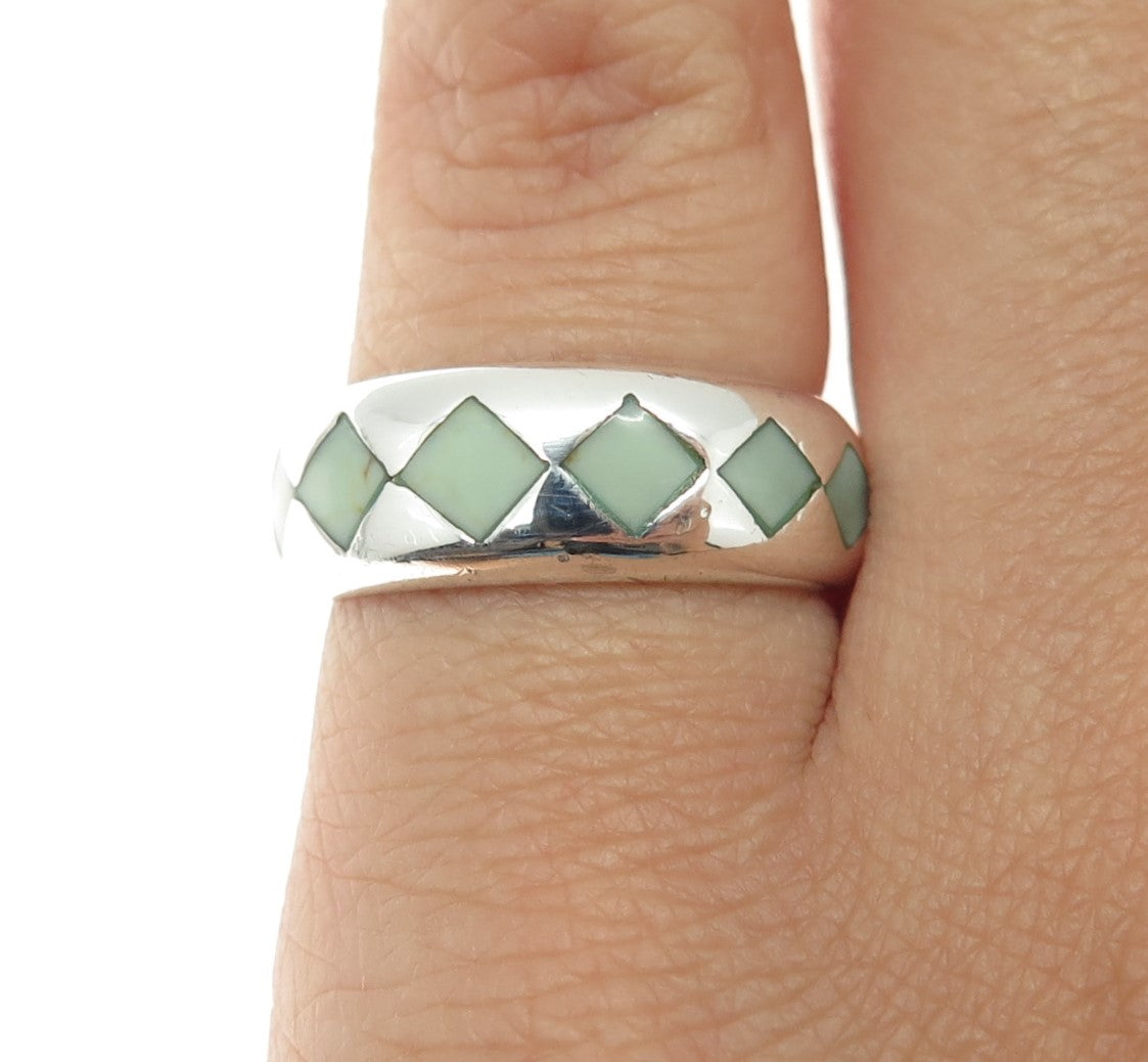 925 Sterling Silver Vintage Real Turquoise Gemstone Checkered Ring Size 5.75