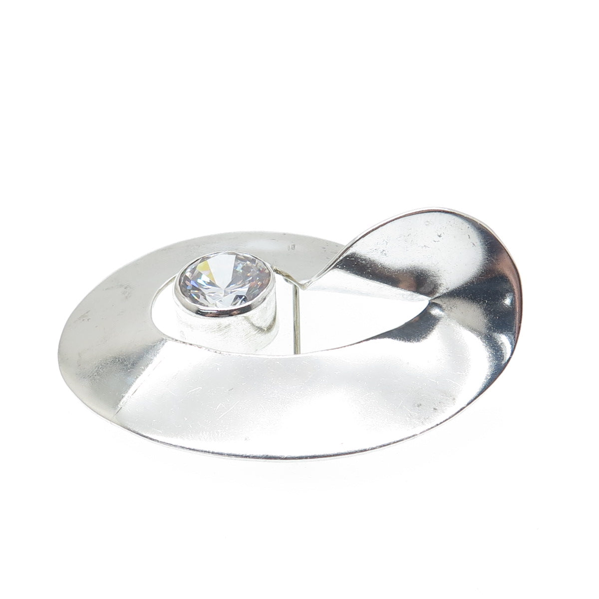 925 Sterling Silver Vintage SU Mexico Round-Cut C Z Modernist Twisted Pin Brooch