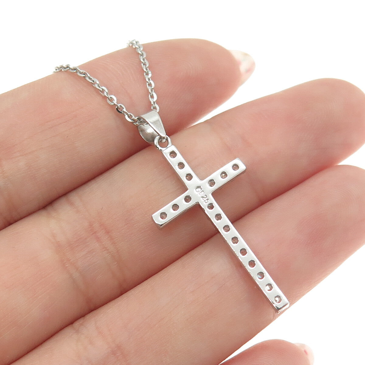 925 Sterling Silver Italy Round-Cut C Z Cross Cable Chain Necklace 16"