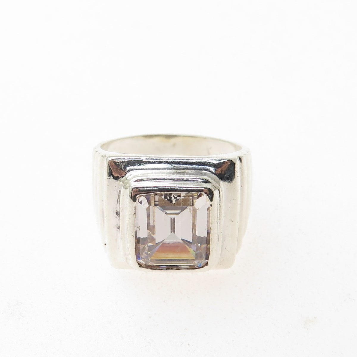 925 Sterling Silver Vintage Emerald-Cut C Z Modernist Ring Size 10