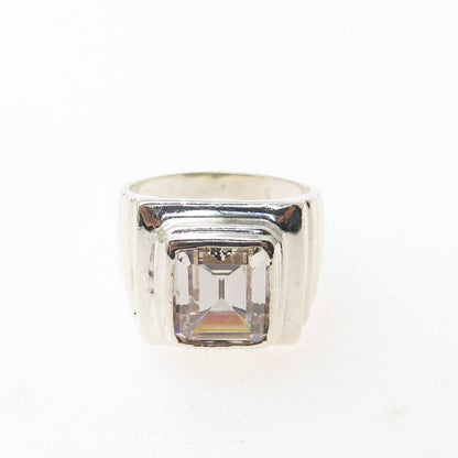 925 Sterling Silver Vintage Emerald-Cut C Z Modernist Ring Size 10