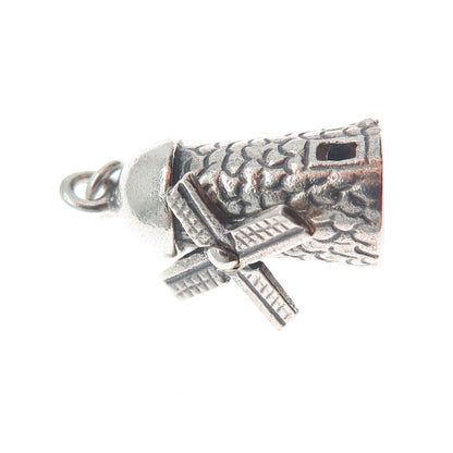 925 Sterling Silver Antique Art Deco Windmill Minimalist 3D Charm Pendant
