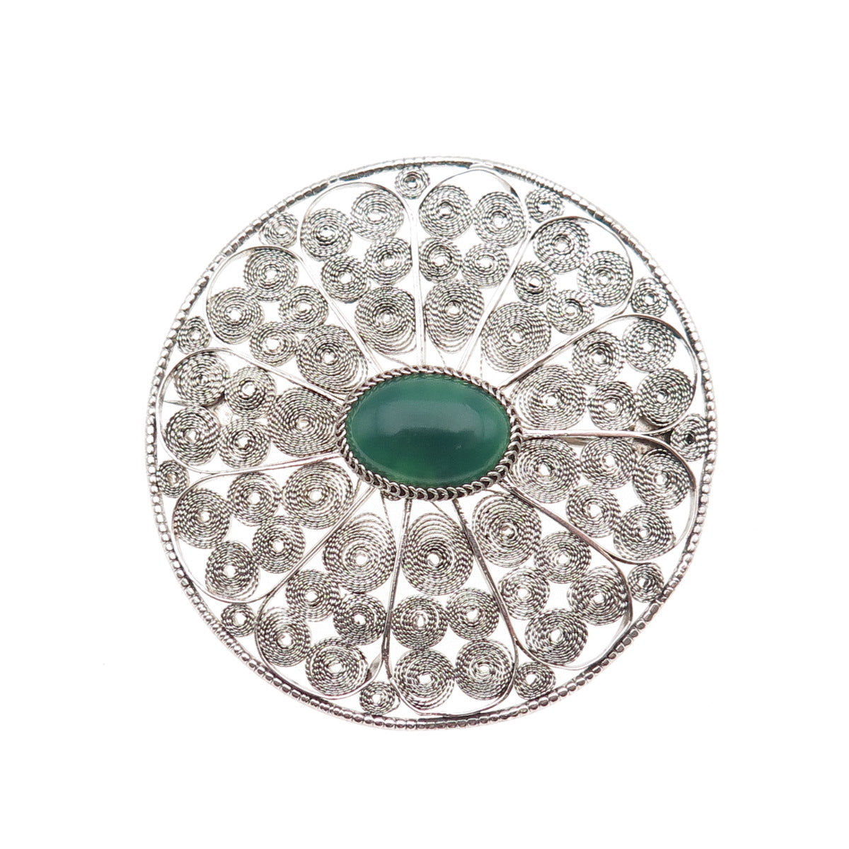 925 Sterling Silver Vintage Israel Real Green Onyx Floral Filigree Pin Brooch