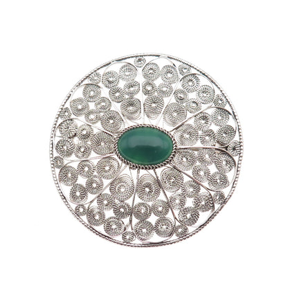 925 Sterling Silver Vintage Israel Real Green Onyx Floral Filigree Pin Brooch